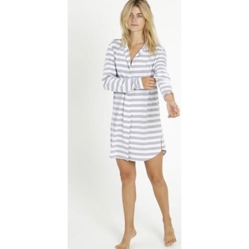 Recliner NYC Pijama Shirt Dress Twilight Stripe Long Sleeve Soft Grey White Soft